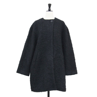 21秋冬 ループツイード コクーンコート / ノーカラーコート クルーネック ミドル丈 長袖 比翼ボタン ウール モヘア