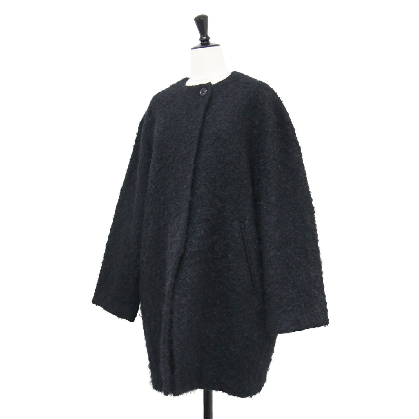 21秋冬 ループツイード コクーンコート / ノーカラーコート クルーネック ミドル丈 長袖 比翼ボタン ウール モヘア