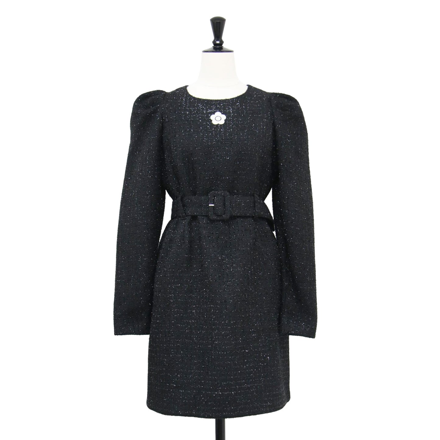 ラメ チェック ツイード ワンピース / ドレス 長袖 クルーネック ミニ丈 パフスリーブ ロゴ 刺繍