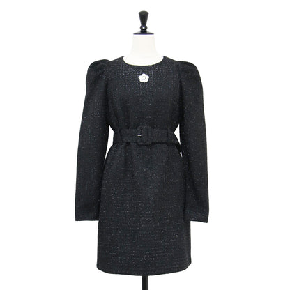 ラメ チェック ツイード ワンピース / ドレス 長袖 クルーネック ミニ丈 パフスリーブ ロゴ 刺繍