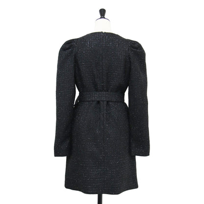 ラメ チェック ツイード ワンピース / ドレス 長袖 クルーネック ミニ丈 パフスリーブ ロゴ 刺繍