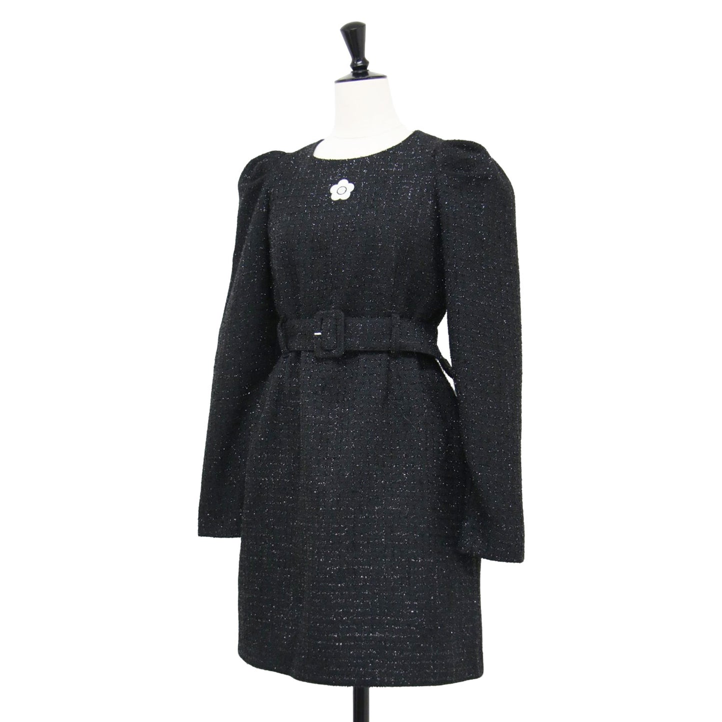 ラメ チェック ツイード ワンピース / ドレス 長袖 クルーネック ミニ丈 パフスリーブ ロゴ 刺繍