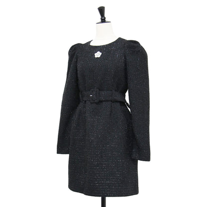 ラメ チェック ツイード ワンピース / ドレス 長袖 クルーネック ミニ丈 パフスリーブ ロゴ 刺繍