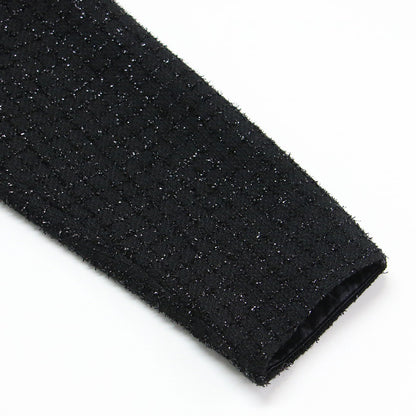 ラメ チェック ツイード ワンピース / ドレス 長袖 クルーネック ミニ丈 パフスリーブ ロゴ 刺繍