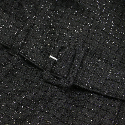 ラメ チェック ツイード ワンピース / ドレス 長袖 クルーネック ミニ丈 パフスリーブ ロゴ 刺繍