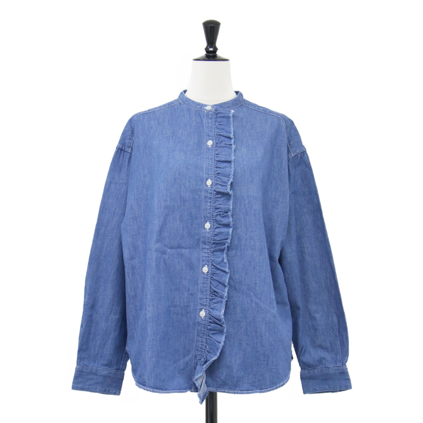 20秋冬 フリル デニム シャツ / ブラウス 長袖 バンドカラー カットオフ コットン