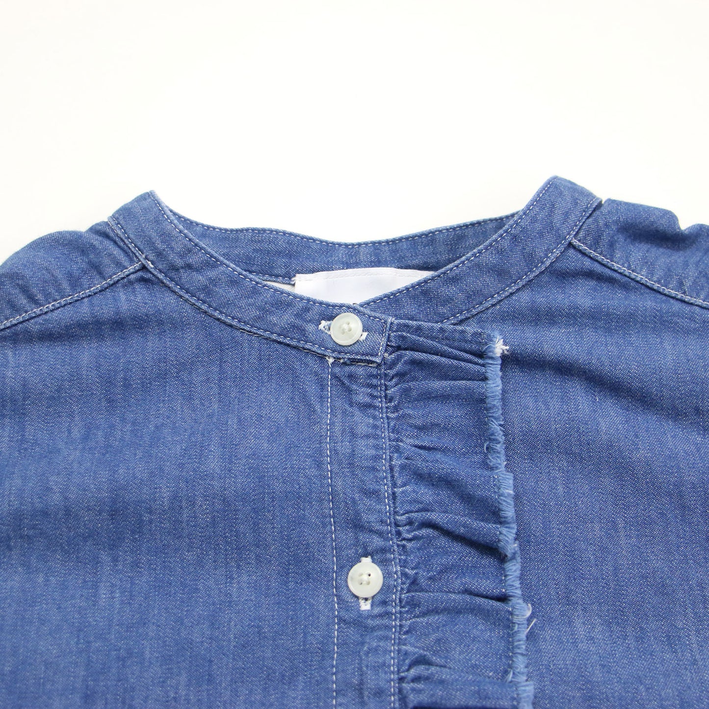 20秋冬 フリル デニム シャツ / ブラウス 長袖 バンドカラー カットオフ コットン