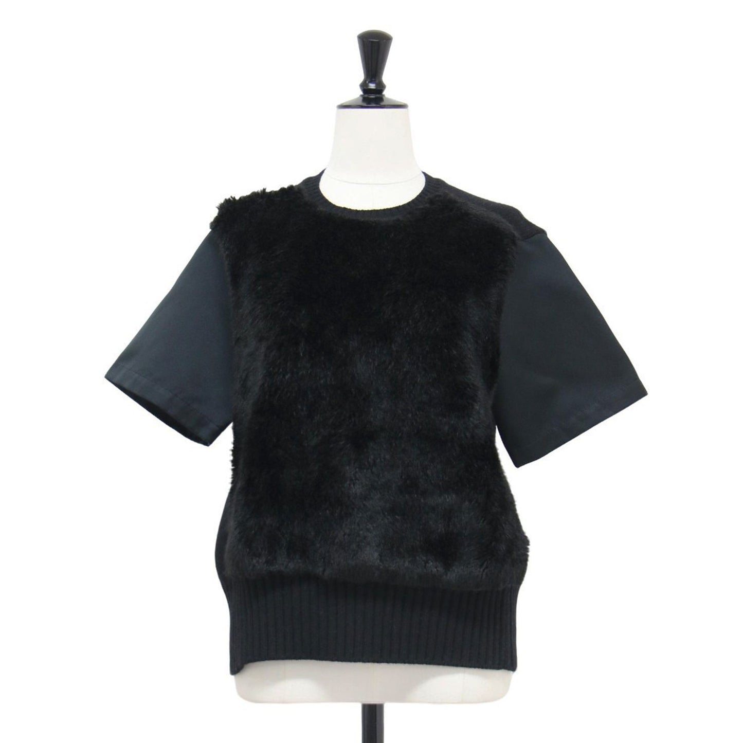 フェイクファー コンビ 半袖 ニット / ブラウス プルオーバー クルーネック ドッキング ウール