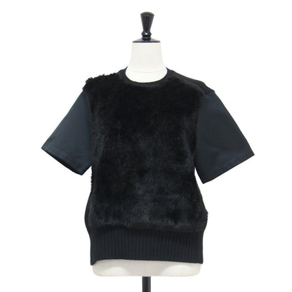 フェイクファー コンビ 半袖 ニット / ブラウス プルオーバー クルーネック ドッキング ウール