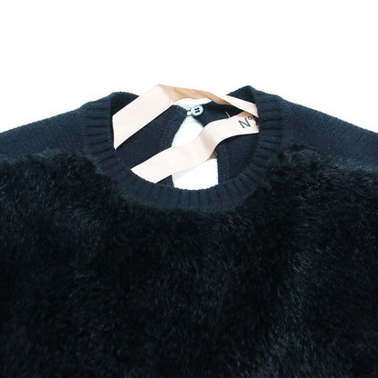 フェイクファー コンビ 半袖 ニット / ブラウス プルオーバー クルーネック ドッキング ウール