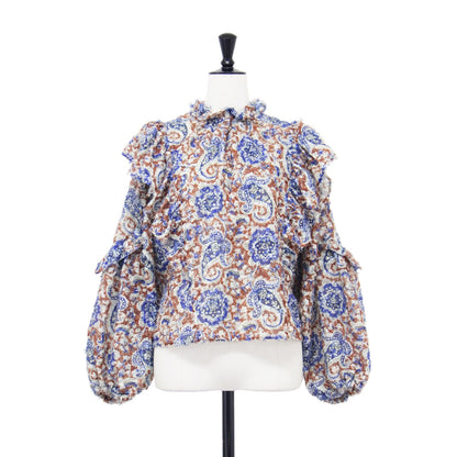 24秋冬 ポリエステル プリント ギャザー フリル ブラウス / シャツ プルオーバー ショート丈 長袖 ボリュームスリーブ シャギー