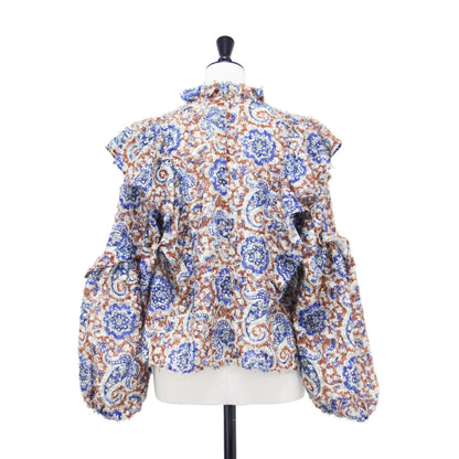 24秋冬 ポリエステル プリント ギャザー フリル ブラウス / シャツ プルオーバー ショート丈 長袖 ボリュームスリーブ シャギー