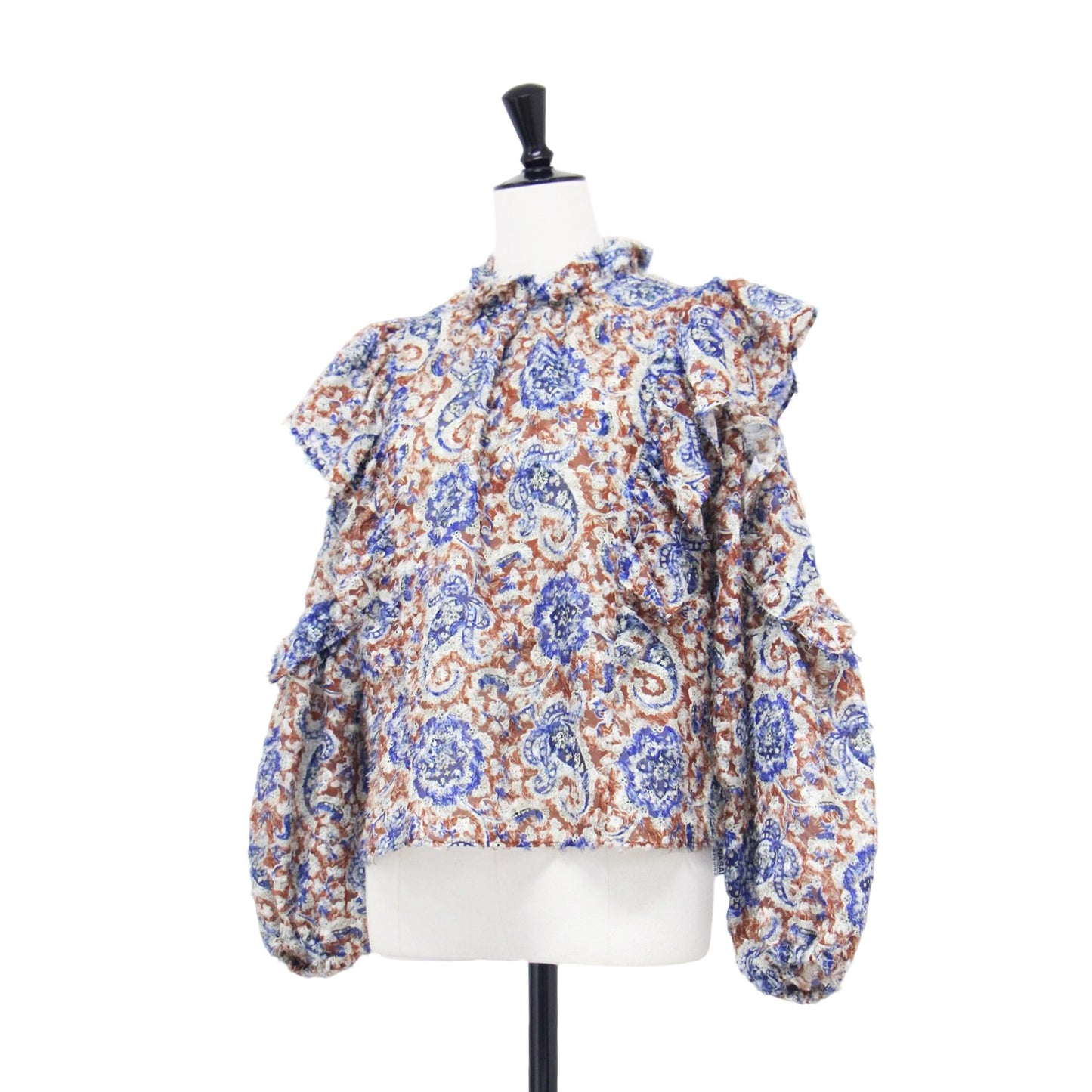 24秋冬 ポリエステル プリント ギャザー フリル ブラウス / シャツ プルオーバー ショート丈 長袖 ボリュームスリーブ シャギー