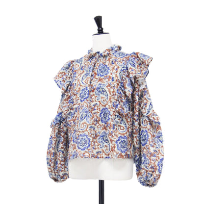 24秋冬 ポリエステル プリント ギャザー フリル ブラウス / シャツ プルオーバー ショート丈 長袖 ボリュームスリーブ シャギー