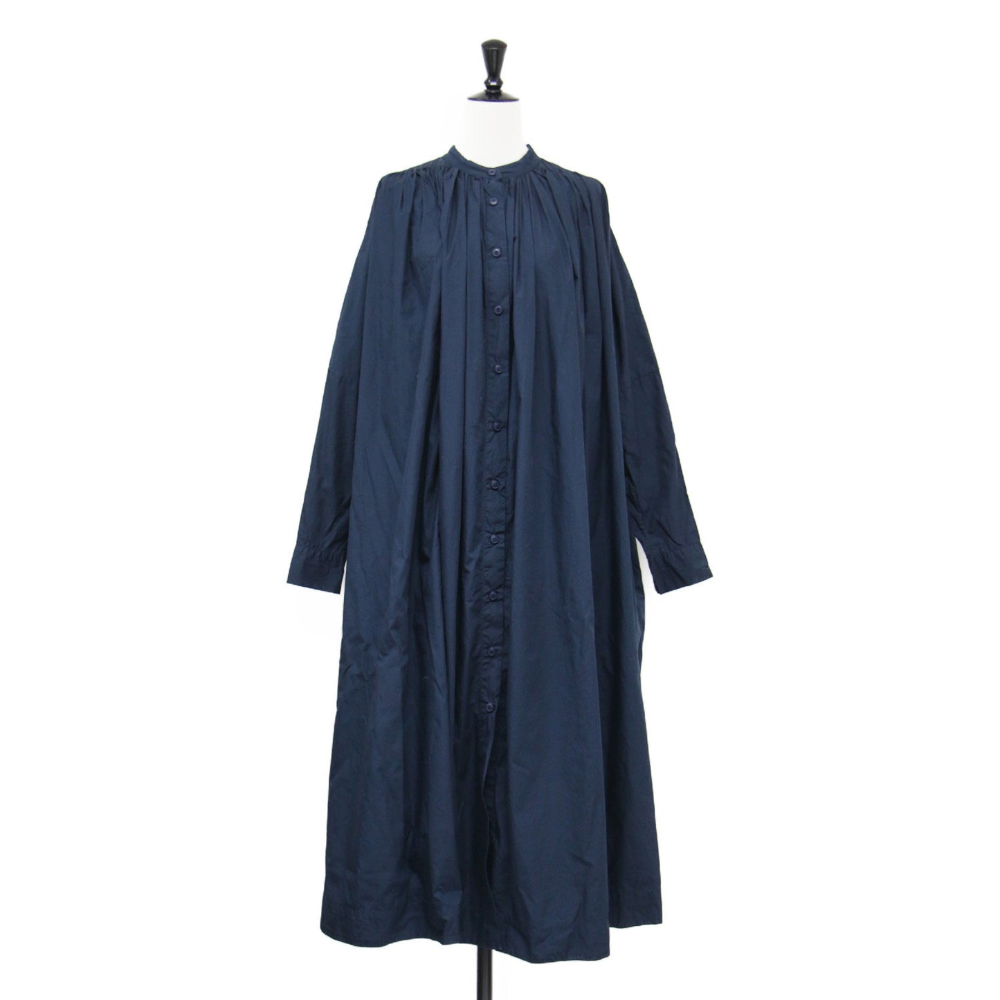 コットン ギャザー シャツワンピース / ロング 長袖 バンドカラー フレア