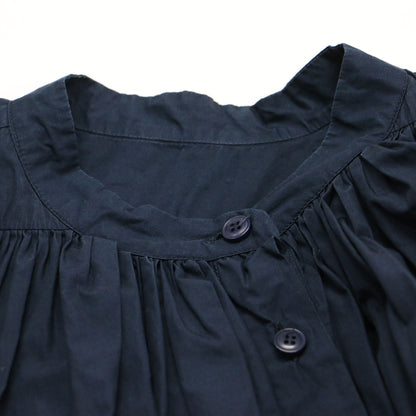 コットン ギャザー シャツワンピース / ロング 長袖 バンドカラー フレア