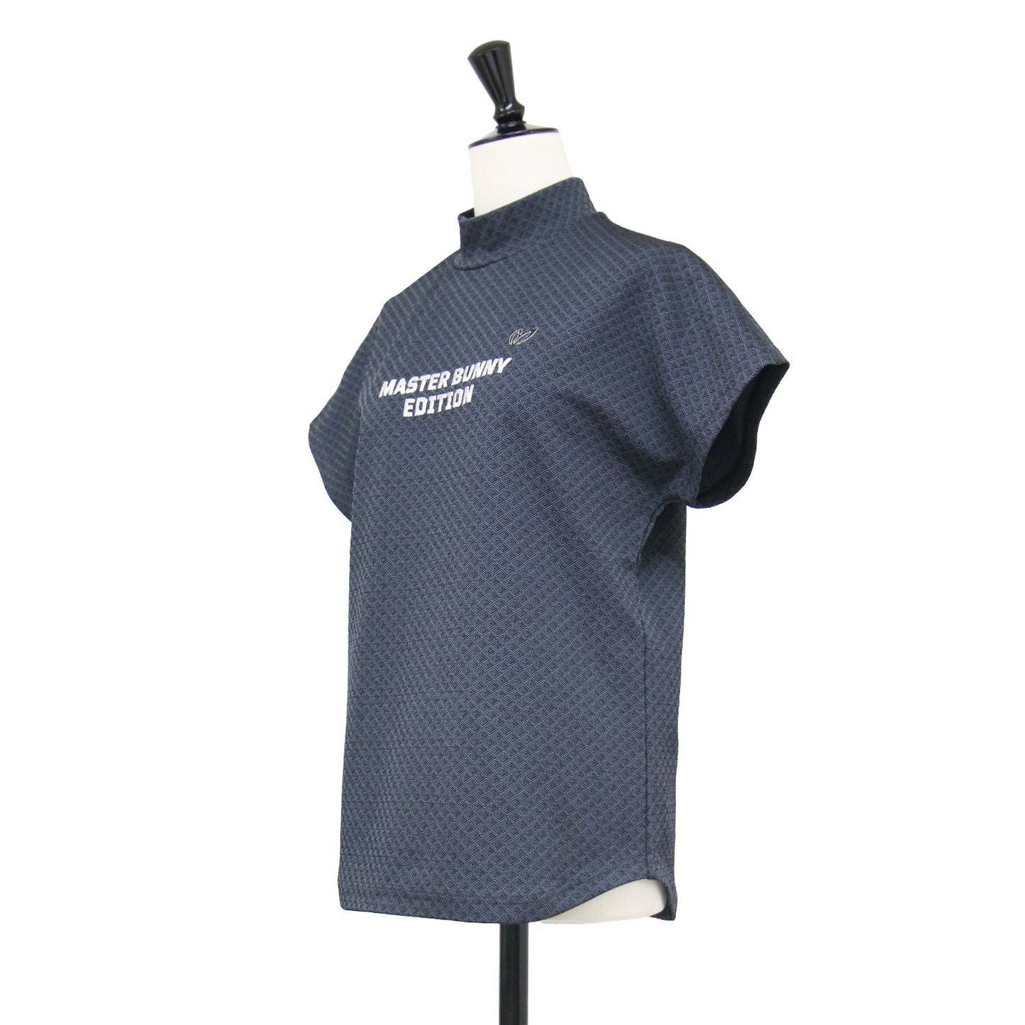 総柄 ジャガード ハイネッ トップス / カットソー プルオーバー フレンチスリーブ ロゴ刺繍
