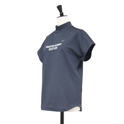 総柄 ジャガード ハイネッ トップス / カットソー プルオーバー フレンチスリーブ ロゴ刺繍
