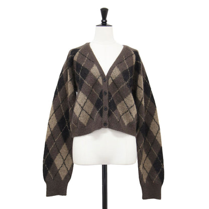 25秋冬 アーガイル ミニ カーディガン / Argyle mini ニット ショート丈 Vネック 長袖 モヘア ウール