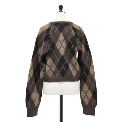 25秋冬 アーガイル ミニ カーディガン / Argyle mini ニット ショート丈 Vネック 長袖 モヘア ウール