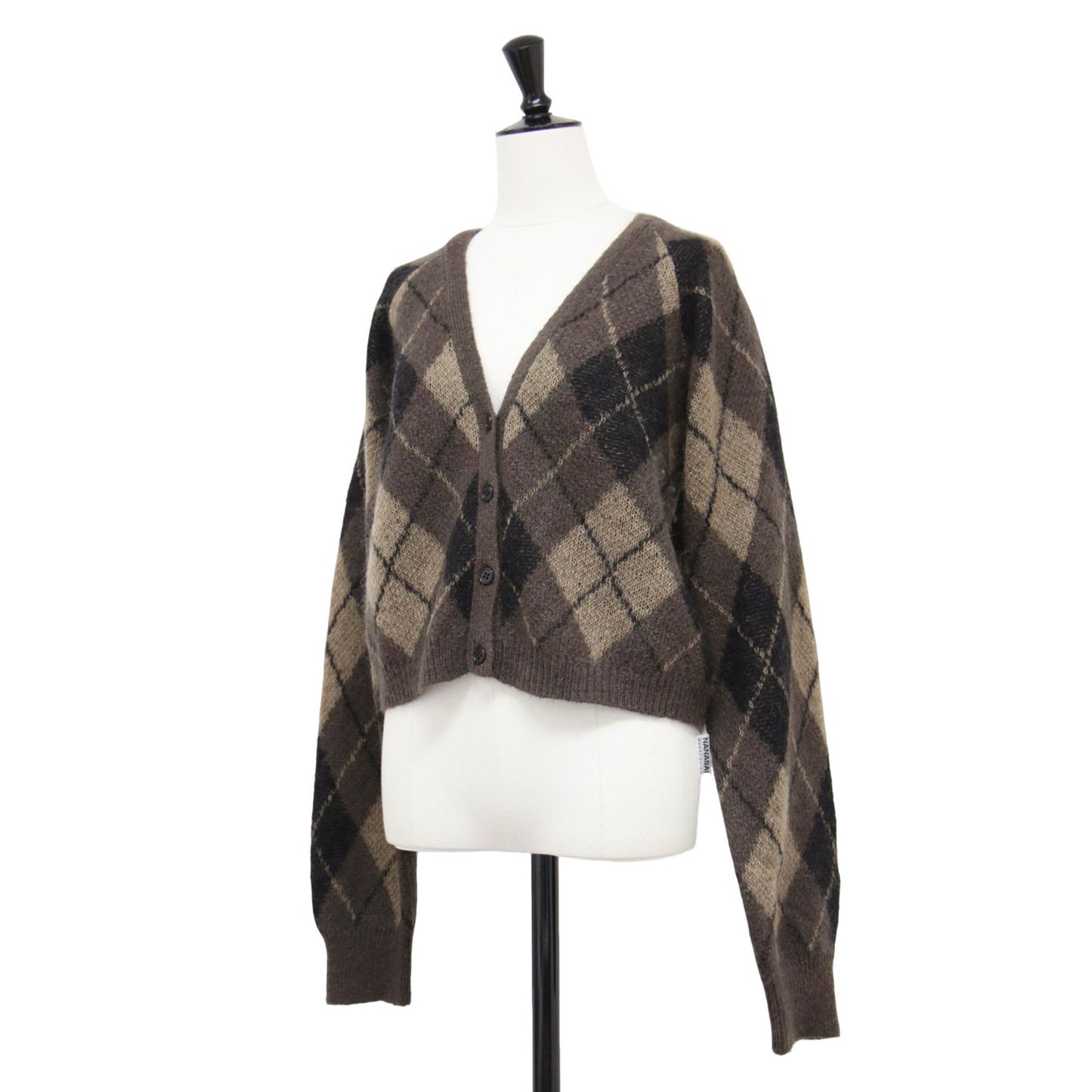 25秋冬 アーガイル ミニ カーディガン / Argyle mini ニット ショート丈 Vネック 長袖 モヘア ウール