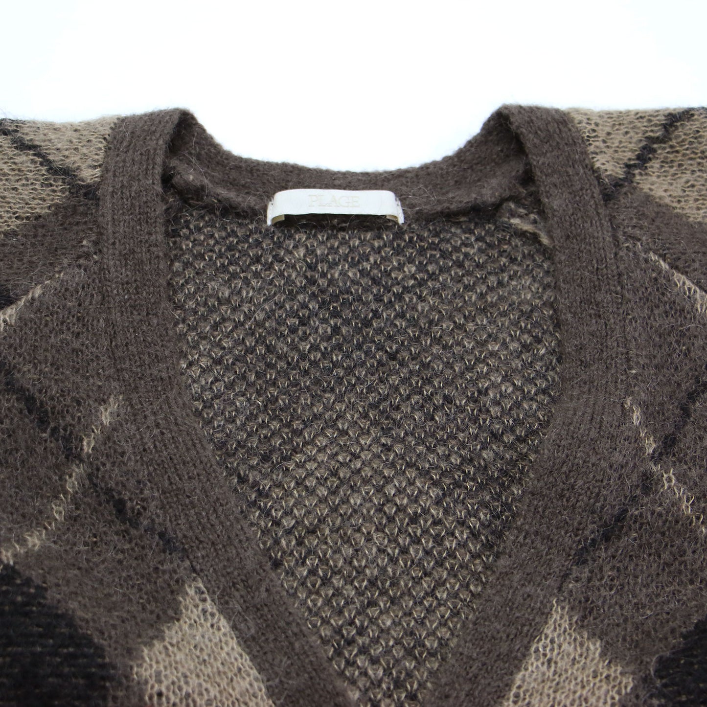 25秋冬 アーガイル ミニ カーディガン / Argyle mini ニット ショート丈 Vネック 長袖 モヘア ウール