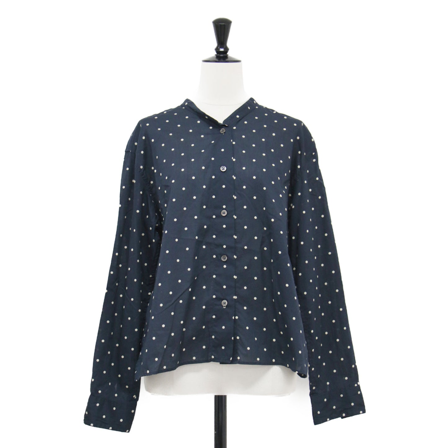 ドット プリント バンドカラー シャツ / ブラウス ショート丈 長袖 コットン