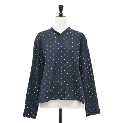 ドット プリント バンドカラー シャツ / ブラウス ショート丈 長袖 コットン