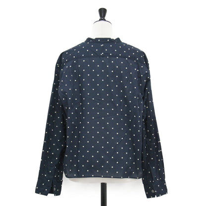 ドット プリント バンドカラー シャツ / ブラウス ショート丈 長袖 コットン