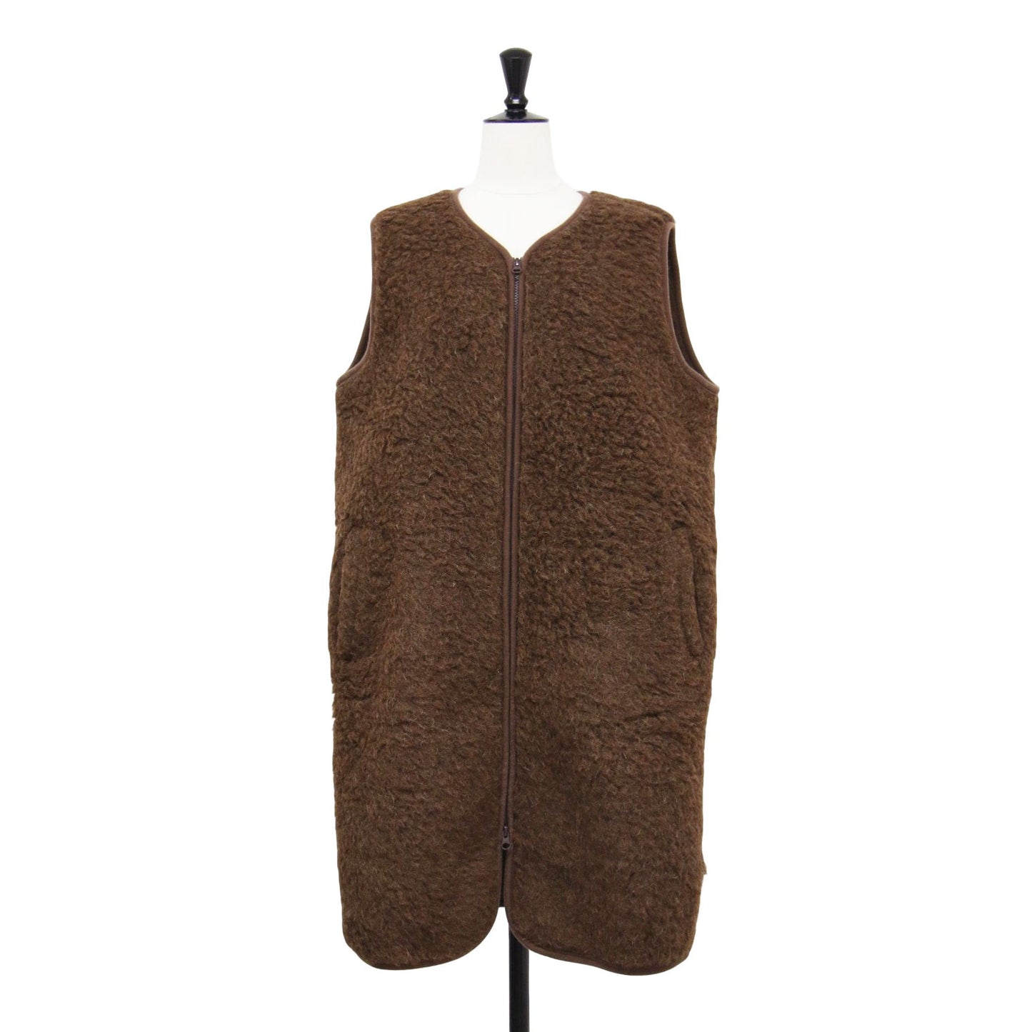ウール ボア ロング ベスト / ジップアップ Vネック パイピング ポケット