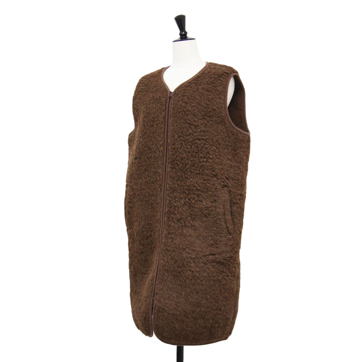 ウール ボア ロング ベスト / ジップアップ Vネック パイピング ポケット