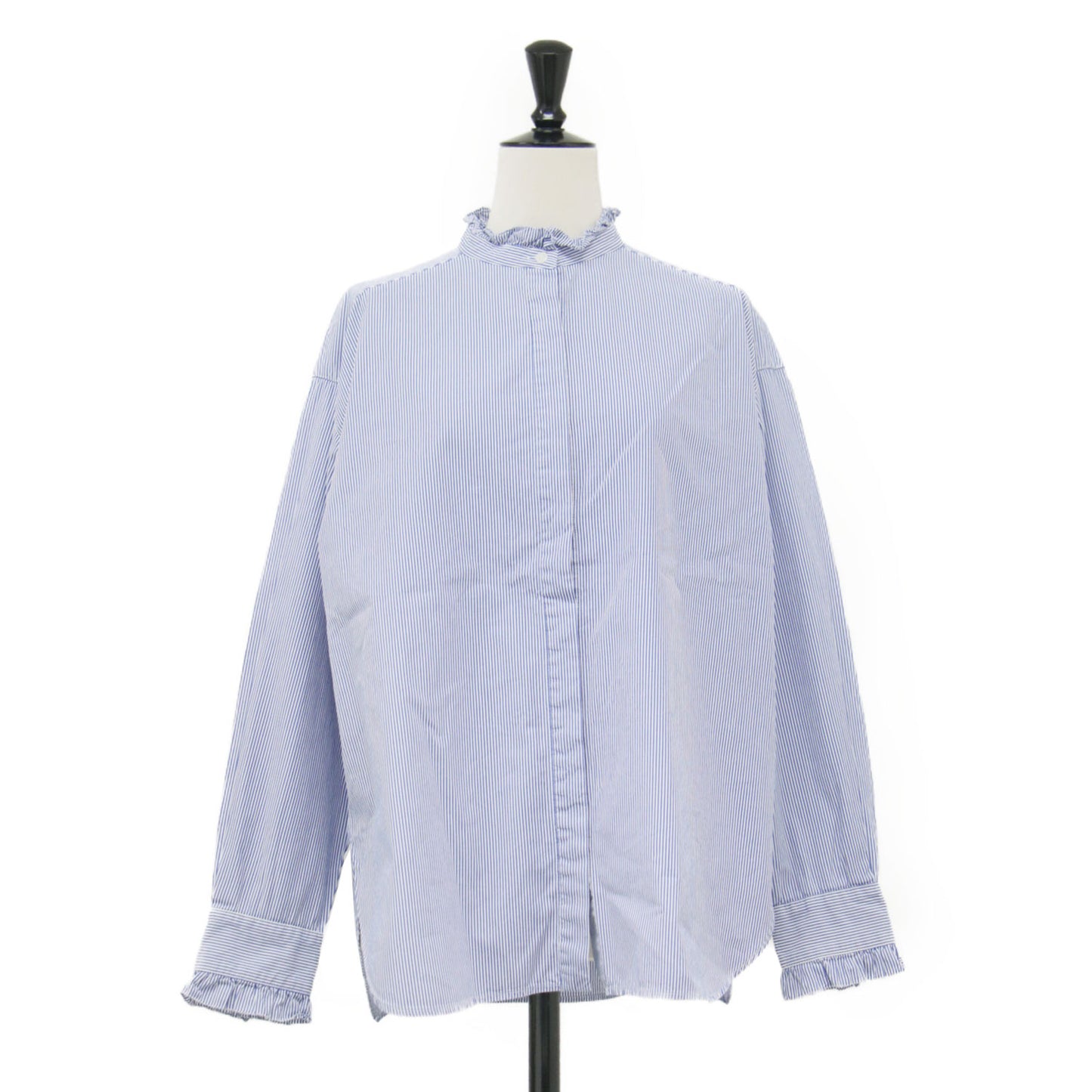 21春夏 ストライプ柄 スタンドカラー フリル シャツ / ブラウス 長袖 コットン