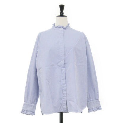 21春夏 ストライプ柄 スタンドカラー フリル シャツ / ブラウス 長袖 コットン