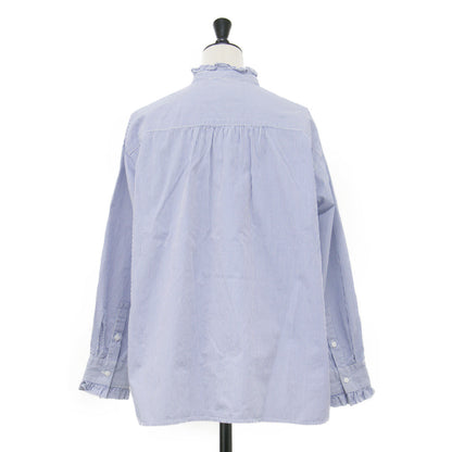 21春夏 ストライプ柄 スタンドカラー フリル シャツ / ブラウス 長袖 コットン