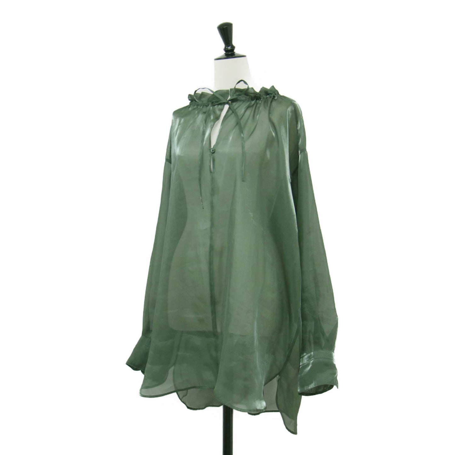 20秋冬 オーガンジー ドローストリング ブラウス / プルオーバー チュニック丈 長袖 ギャザー シアー