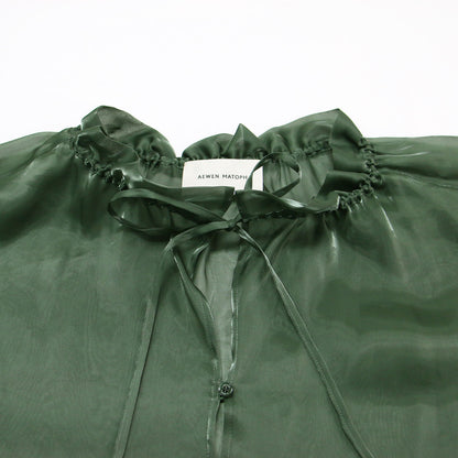 20秋冬 オーガンジー ドローストリング ブラウス / プルオーバー チュニック丈 長袖 ギャザー シアー