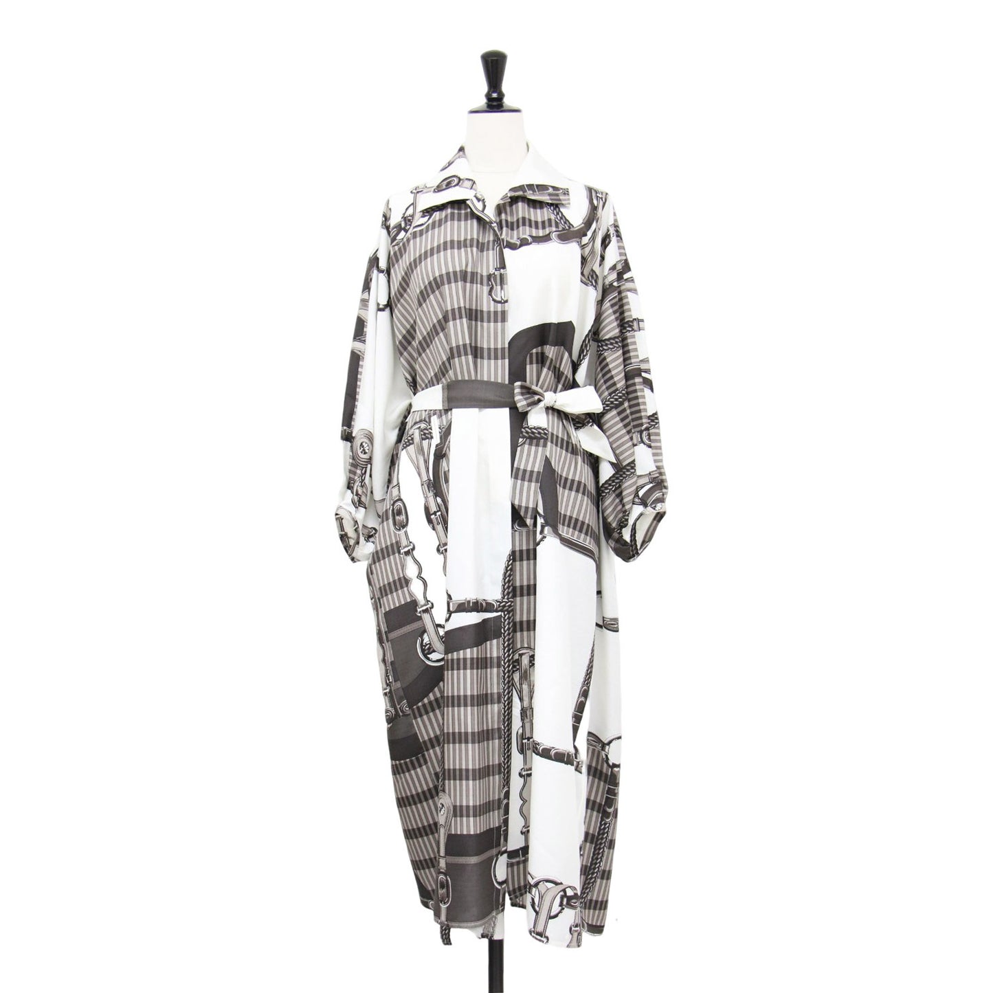 25春夏 カフタン ドレス COACHING REMIX / シャツワンピース ミディ丈 七分袖 ベルト プリント シルク