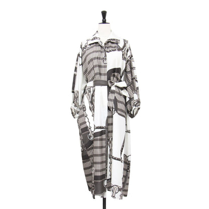 25春夏 カフタン ドレス COACHING REMIX / シャツワンピース ミディ丈 七分袖 ベルト プリント シルク