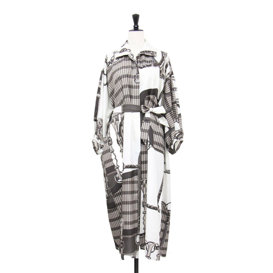 25春夏 カフタン ドレス COACHING REMIX / シャツワンピース ミディ丈 七分袖 ベルト プリント シルク