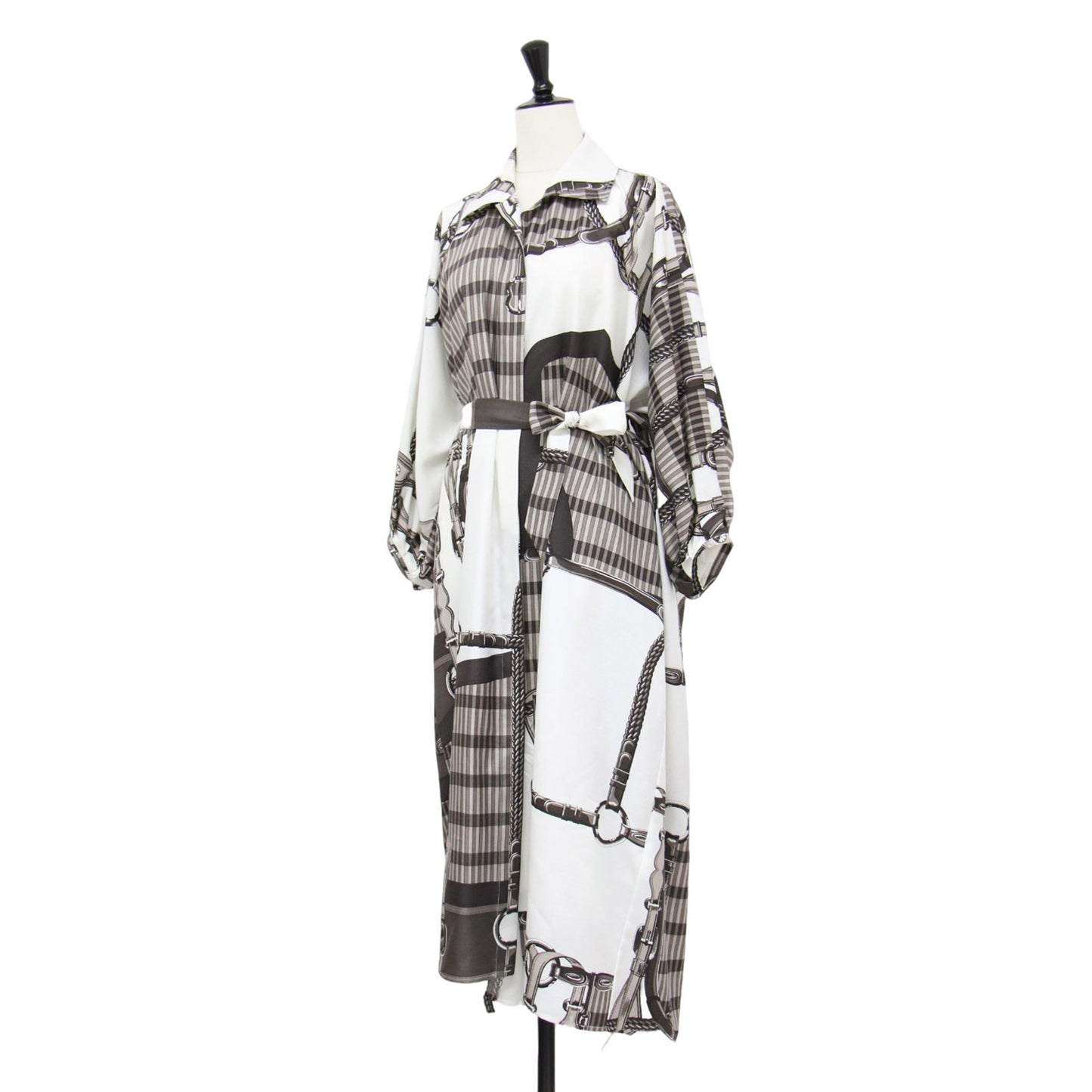 25春夏 カフタン ドレス COACHING REMIX / シャツワンピース ミディ丈 七分袖 ベルト プリント シルク