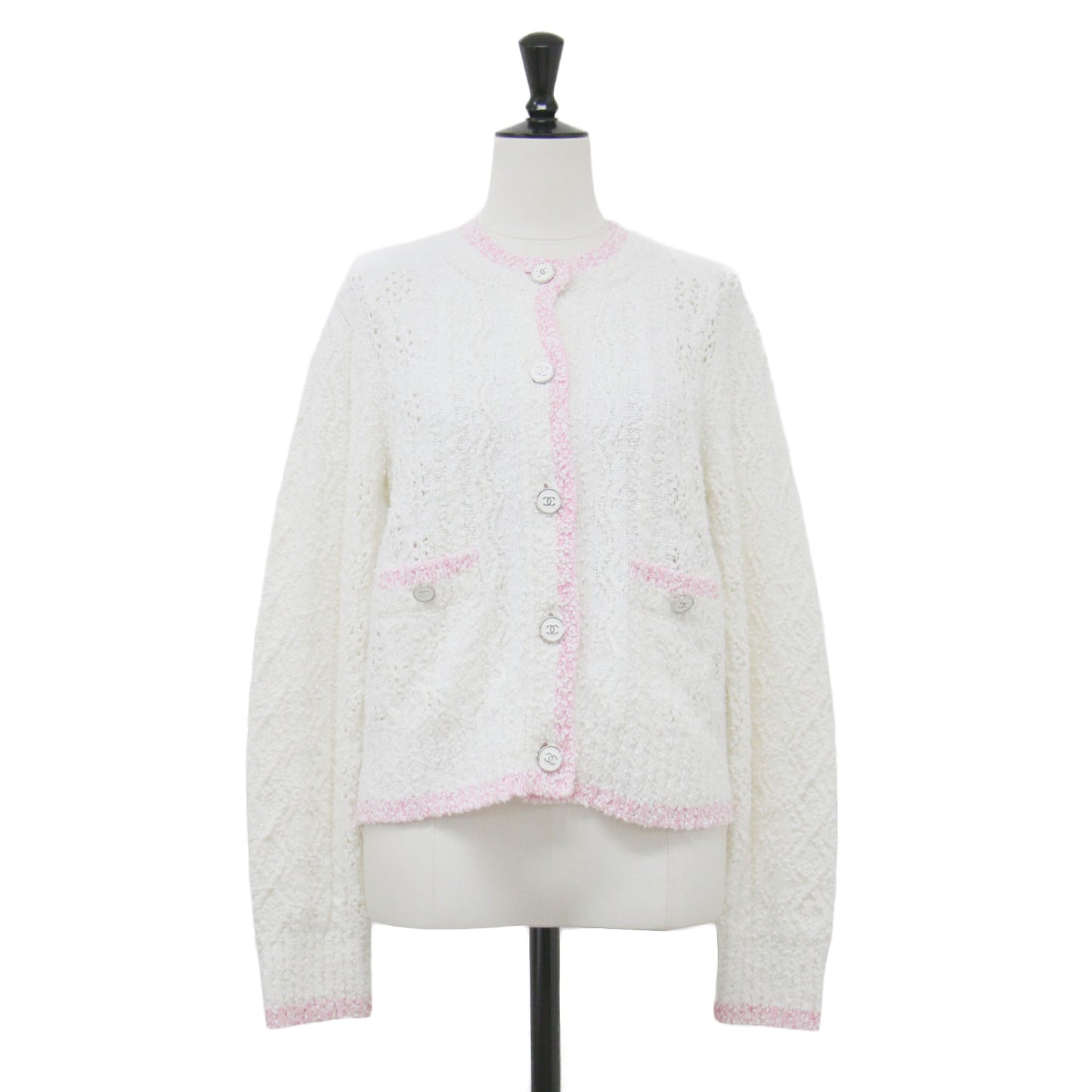 24春夏 ココマークボタン レース編み ニット カーディガン P76957K11092 / クルーネック 長袖 コットン カシミヤ
