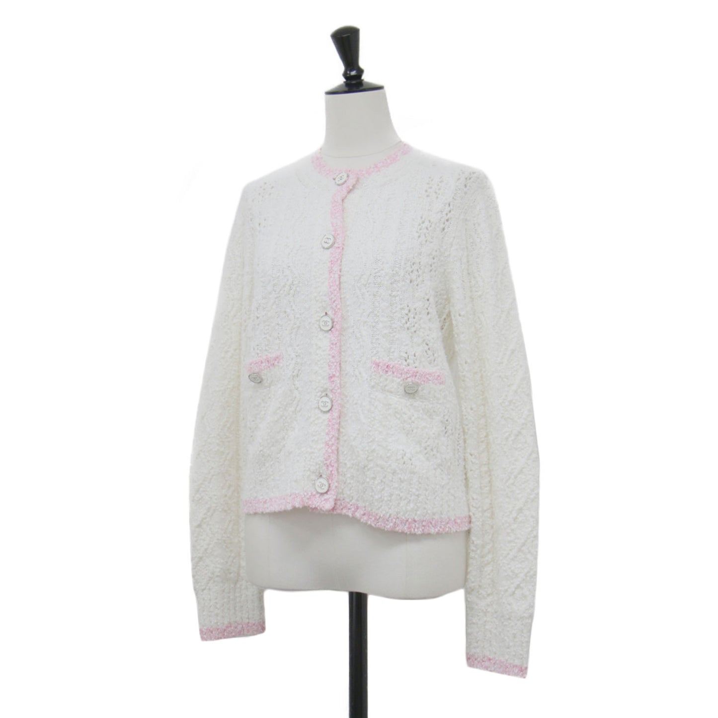 24春夏 ココマークボタン レース編み ニット カーディガン P76957K11092 / クルーネック 長袖 コットン カシミヤ