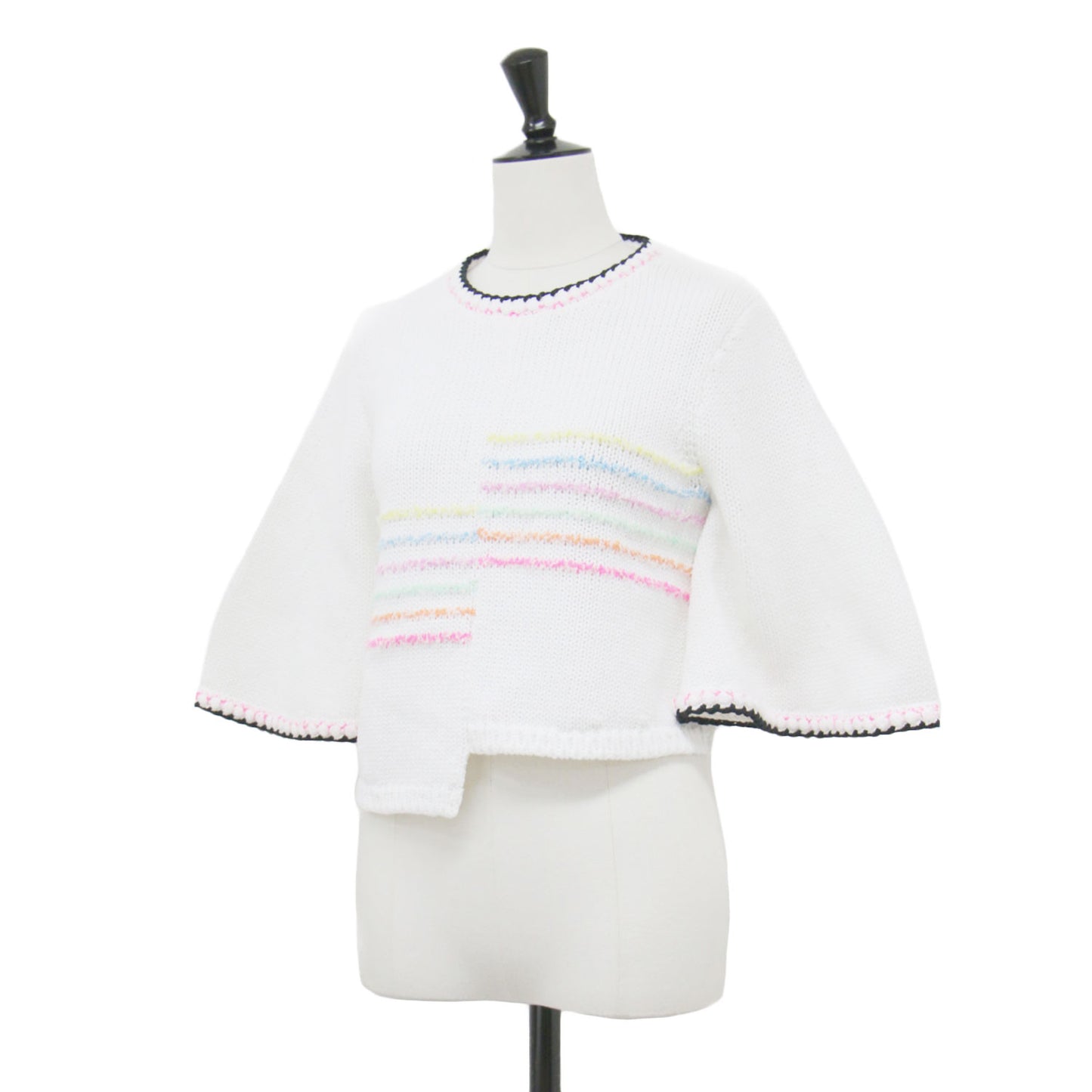 24春夏 アシンメトリー ボーダー ワイドスリーブ ニット P77146K11142 / プルオーバー 五分袖 クルーネック コットン