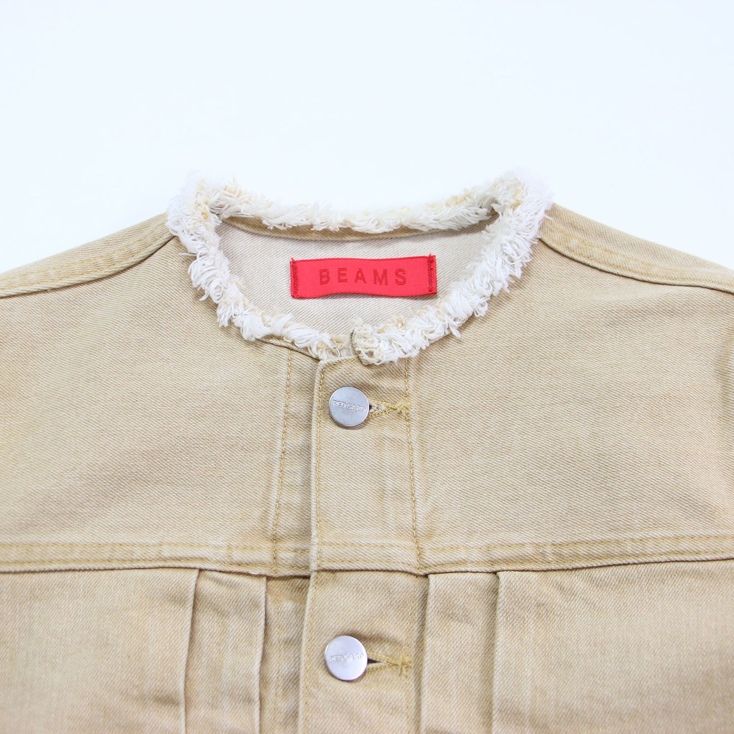 × RED CARD 別注 21春夏 ノーカラー タック デニムジャケット / 長袖 クロップド丈 コンパクト フリンジ ストレッチ コットン