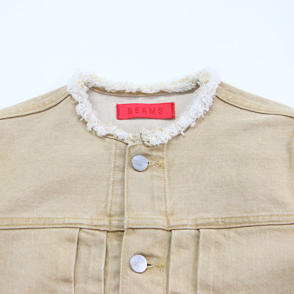 × RED CARD 別注 21春夏 ノーカラー タック デニムジャケット / 長袖 クロップド丈 コンパクト フリンジ ストレッチ コットン