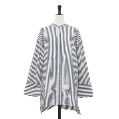 22秋冬 シアー タンブラー ストライプシャツ / ブラウス 長袖 ノーカラー チュニック丈 ワイド スリット コットン