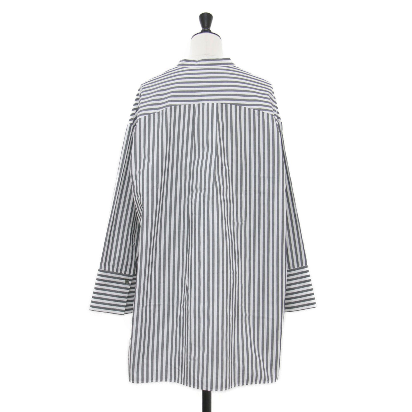 22秋冬 シアー タンブラー ストライプシャツ / ブラウス 長袖 ノーカラー チュニック丈 ワイド スリット コットン