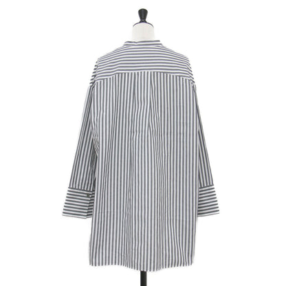 22秋冬 シアー タンブラー ストライプシャツ / ブラウス 長袖 ノーカラー チュニック丈 ワイド スリット コットン