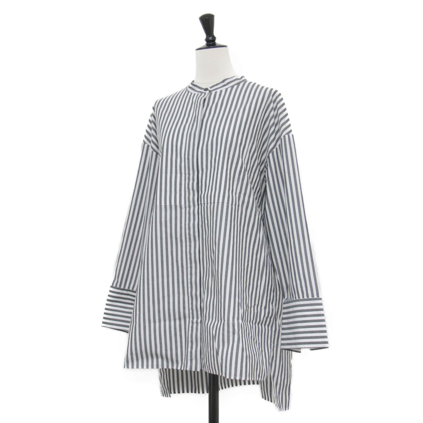 22秋冬 シアー タンブラー ストライプシャツ / ブラウス 長袖 ノーカラー チュニック丈 ワイド スリット コットン