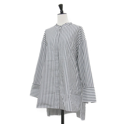 22秋冬 シアー タンブラー ストライプシャツ / ブラウス 長袖 ノーカラー チュニック丈 ワイド スリット コットン